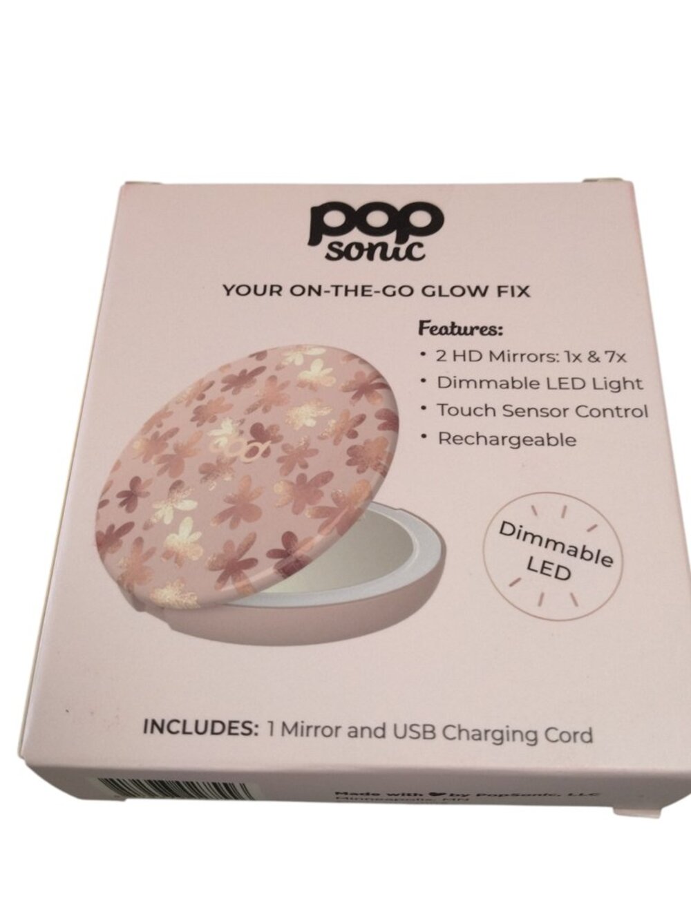Pop Sonic Rose Gold Floral Compact Mirror 1x And 7x Magnifying Dimmable LED NEW